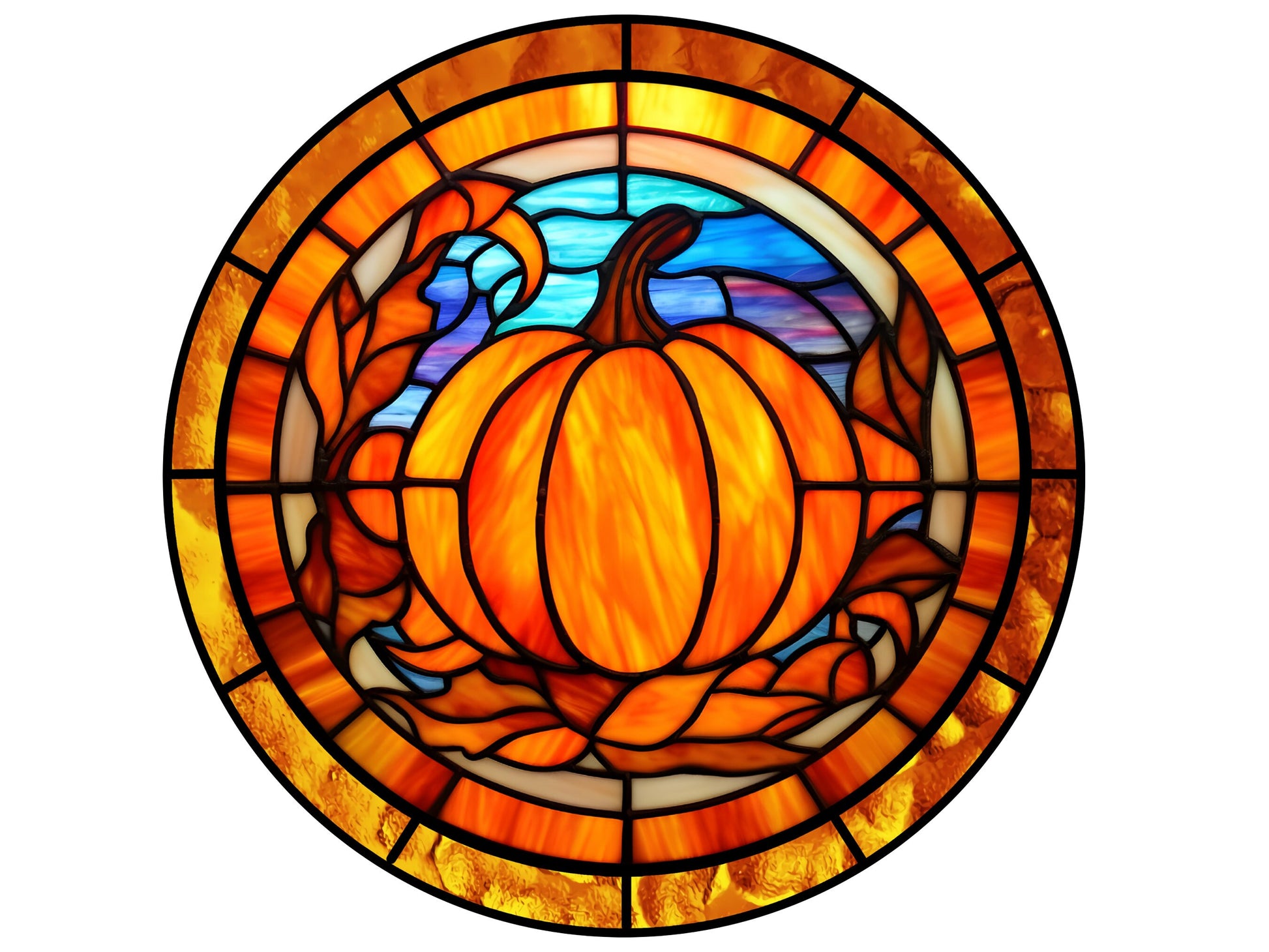 Stained glass look pumpkin round wreath sign, Faux stained glass Fall pumpkin metal sign