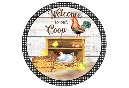 Welcome to Our Coop Country Chicken Wreath Sign, Colorful Rooster Chicken Laying Eggs wreath Sign, Farmhouse Welcome wreath attachment,