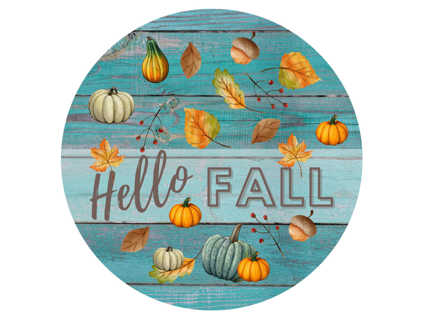 Hello Fall Wreath Sign with Pumpkins and Leaves, Teal Wood Look Autumn Welcome Wreath Attachment, acorn squash leaves pumpkin decor