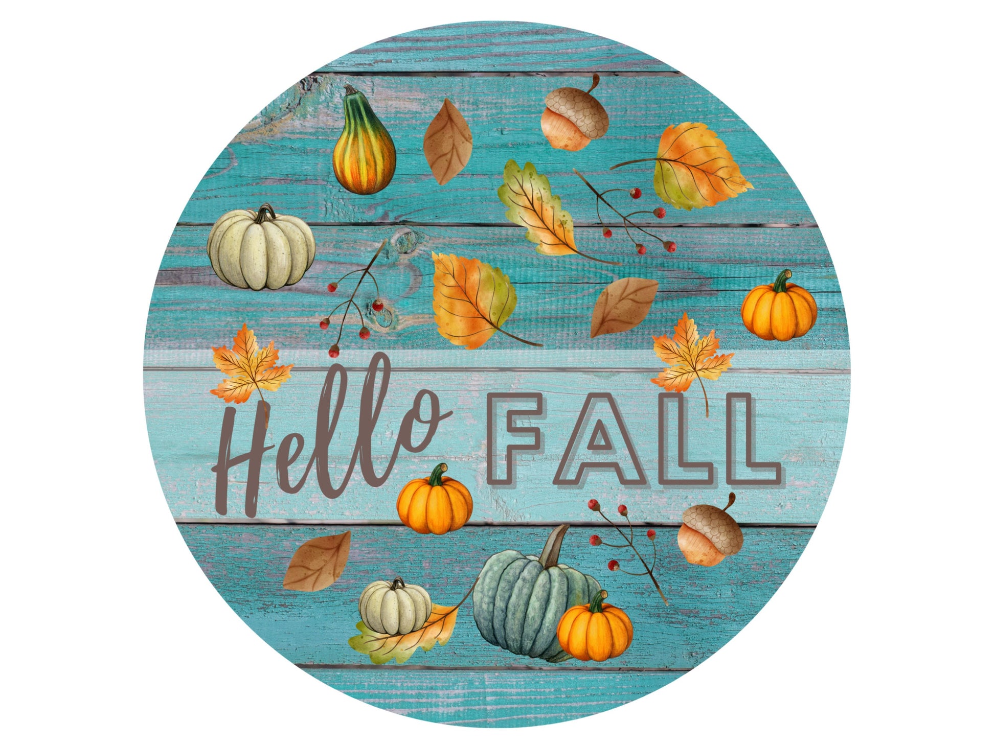 Hello Fall Wreath Sign with Pumpkins and Leaves, Teal Wood Look Autumn Welcome Wreath Attachment, acorn squash leaves pumpkin decor