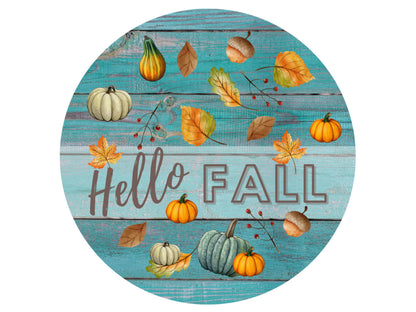 Hello Fall Wreath Sign with Pumpkins and Leaves, Teal Wood Look Autumn Welcome Wreath Attachment, acorn squash leaves pumpkin decor