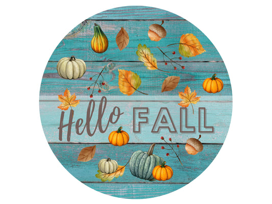 Hello Fall Wreath Sign with Pumpkins and Leaves, Teal Wood Look Autumn Welcome Wreath Attachment, acorn squash leaves pumpkin decor