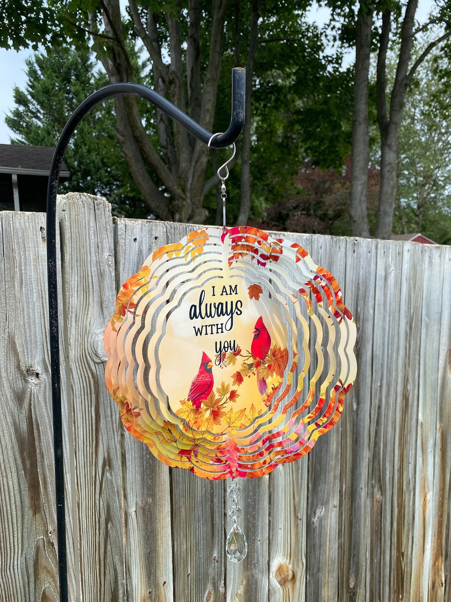 metal wind spinner with cardinals, fall leaves and the saying &quot;I am always with you&quot;