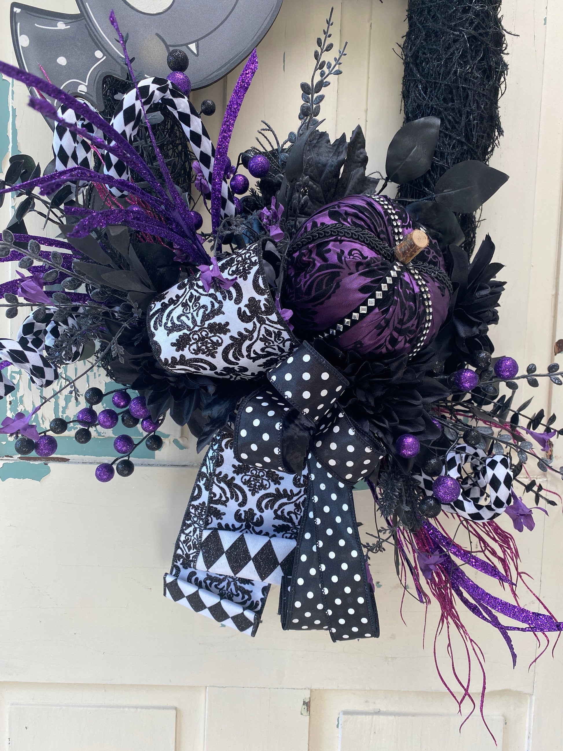 Cute Bat Halloween Wreath, Black and White Moss Wreath, Purple Pumpkin with Baby Bat Wreath for Halloween Party