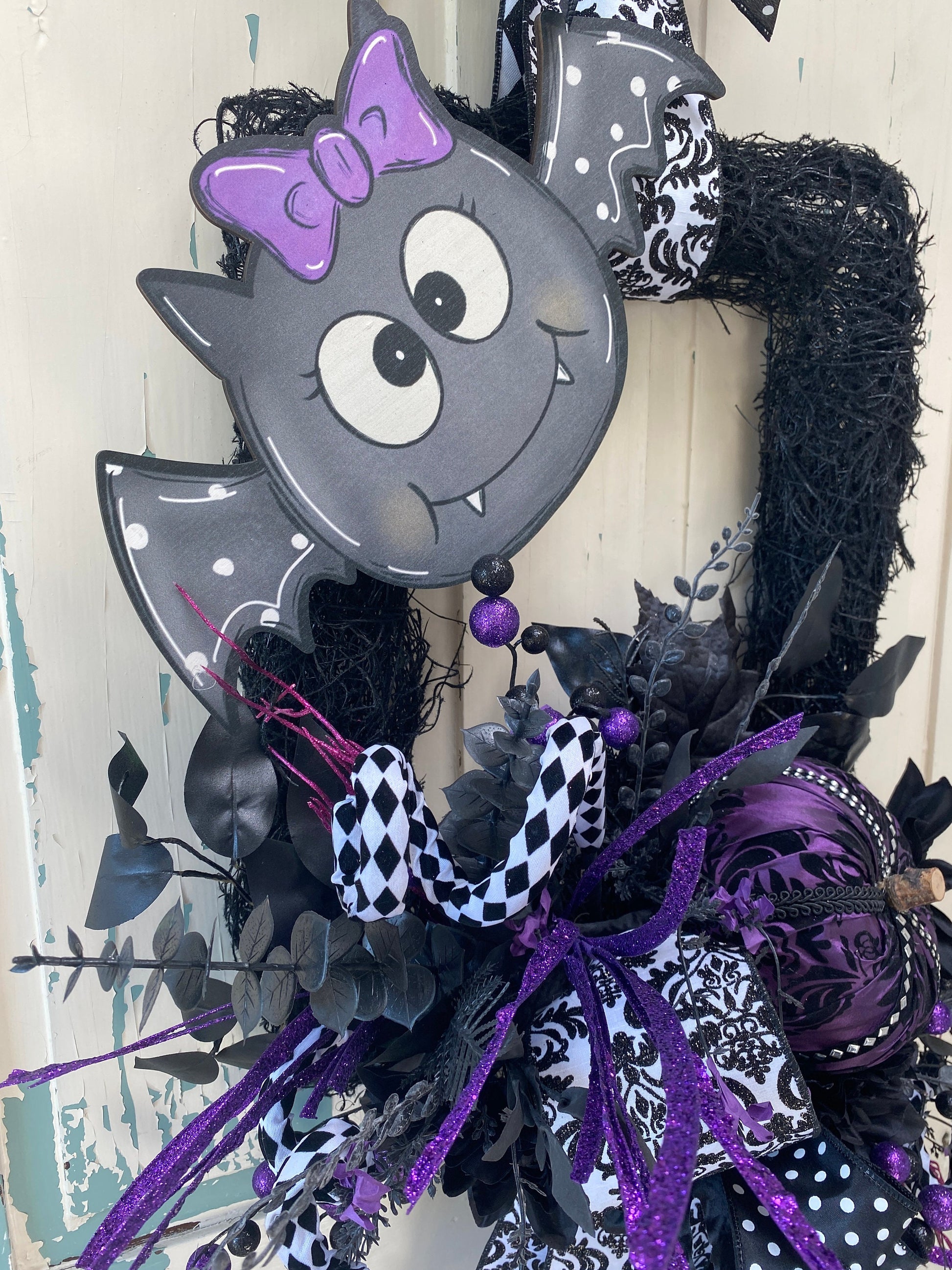 Cute Bat Halloween Wreath, Black and White Moss Wreath, Purple Pumpkin with Baby Bat Wreath for Halloween Party