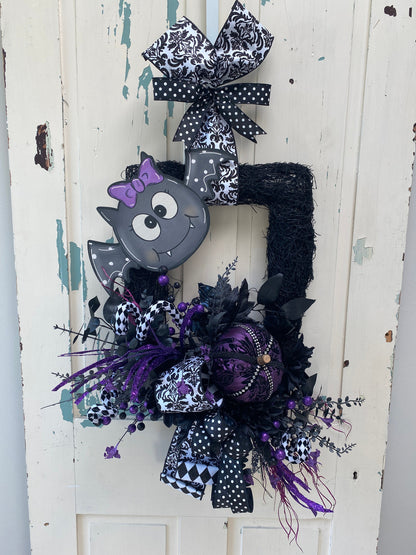 Cute Bat Halloween Wreath, Black and White Moss Wreath, Purple Pumpkin with Baby Bat Wreath for Halloween Party