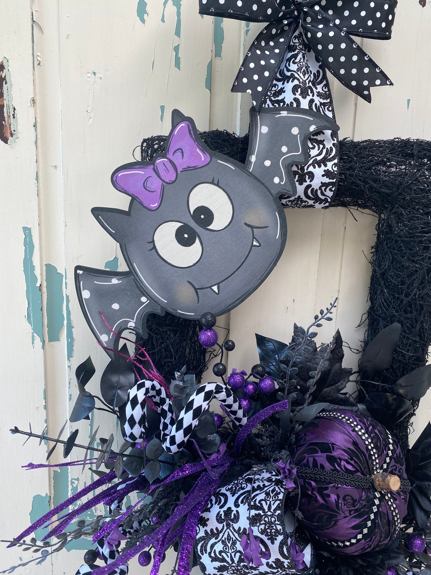 Cute Bat Halloween Wreath, Black and White Moss Wreath, Purple Pumpkin with Baby Bat Wreath for Halloween Party