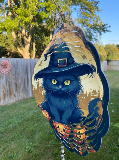 Halloween Black Cat with Pumpkin Wind Spinner, Spooky Kitty Porch Wind Catcher, Fall Hanging Outdoor Decoration. Garden Porch Decor Gifts