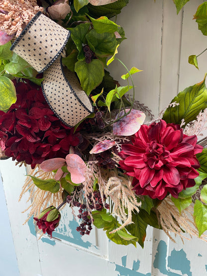 Burgundy Hydrangea and Dahlia Fall Wreath, Faux Floral Wreath for Front Door, Autumn Door Wreath, Thanksgiving Floral Grapevine Wreath