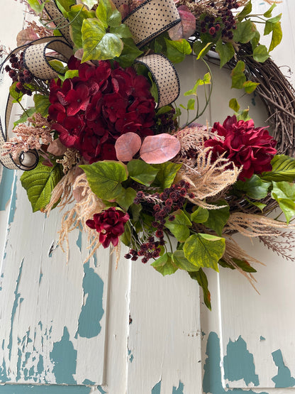 Burgundy Hydrangea and Dahlia Fall Wreath, Faux Floral Wreath for Front Door, Autumn Door Wreath, Thanksgiving Floral Grapevine Wreath