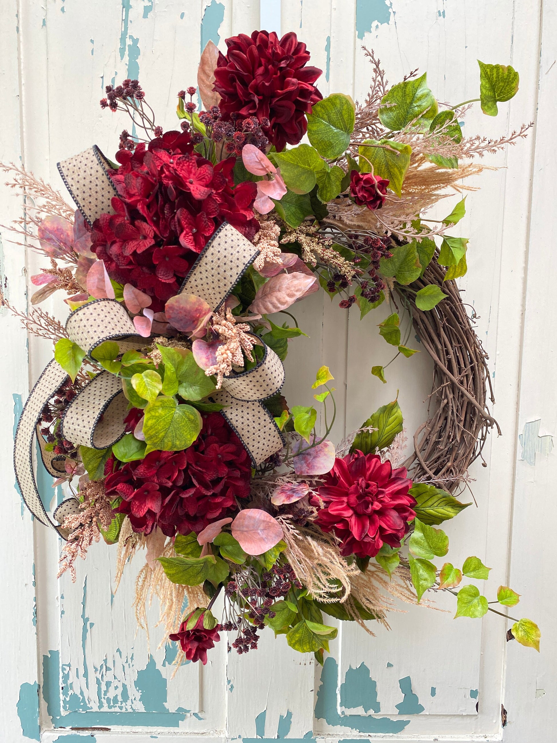 Burgundy Hydrangea and Dahlia Fall Wreath, Faux Floral Wreath for Front Door, Autumn Door Wreath, Thanksgiving Floral Grapevine Wreath