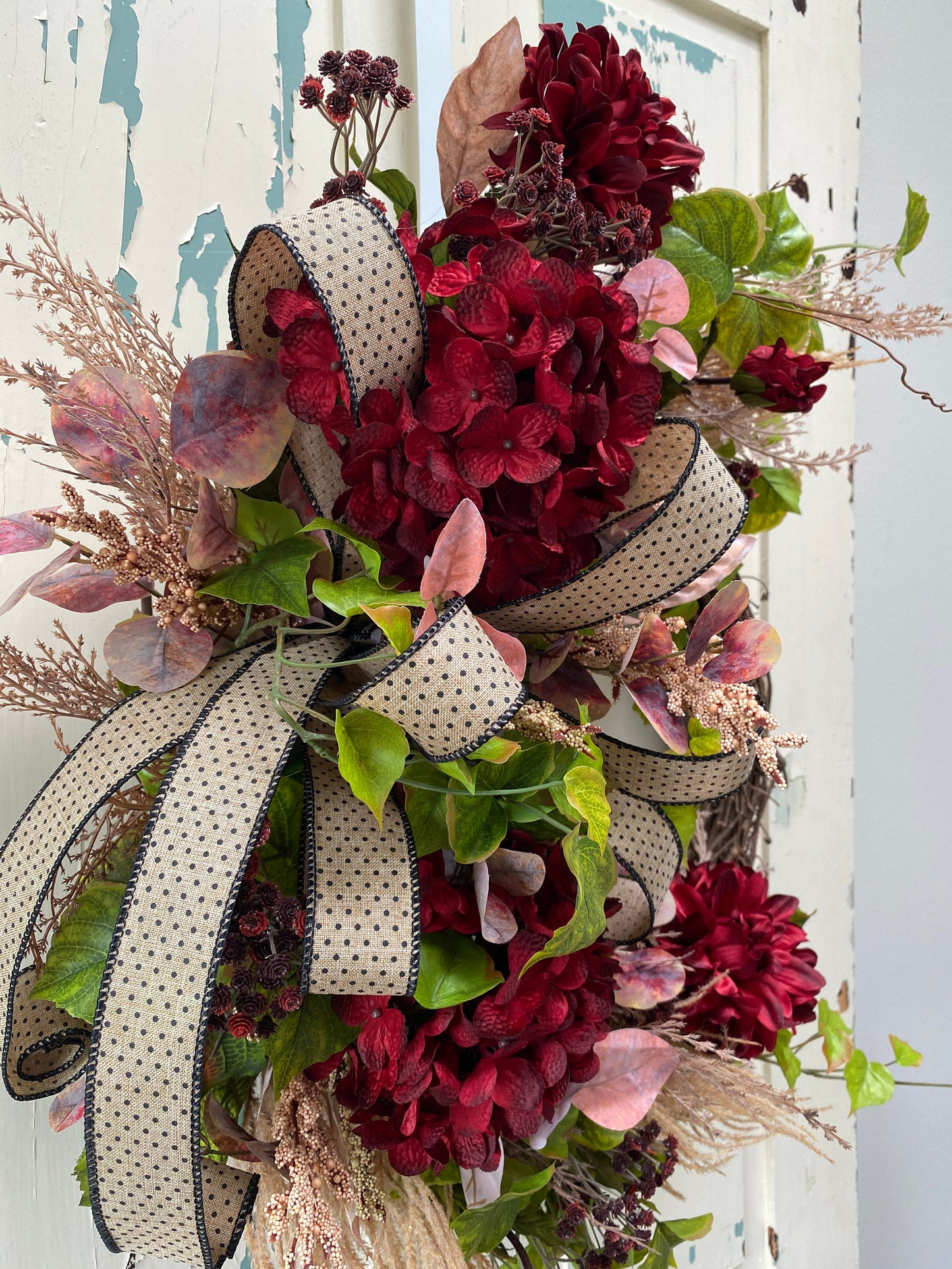 Burgundy Hydrangea and Dahlia Fall Wreath