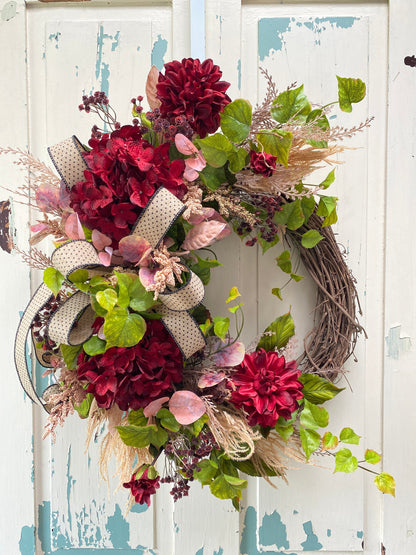 Burgundy Hydrangea and Dahlia Fall Wreath, Faux Floral Wreath for Front Door, Autumn Door Wreath, Thanksgiving Floral Grapevine Wreath