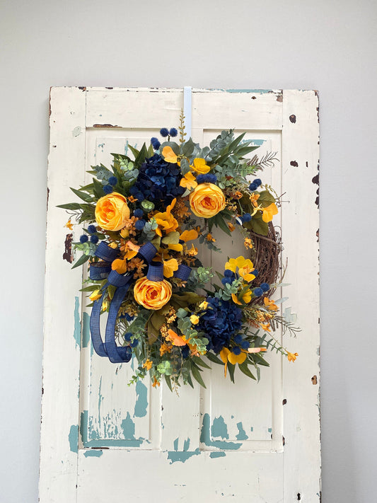 Fall Floral Wreath with Navy Blue and Golden Autumn Colors for Front Door, Navy Blue Hygrangea Wreath for Michigan Sports Lover