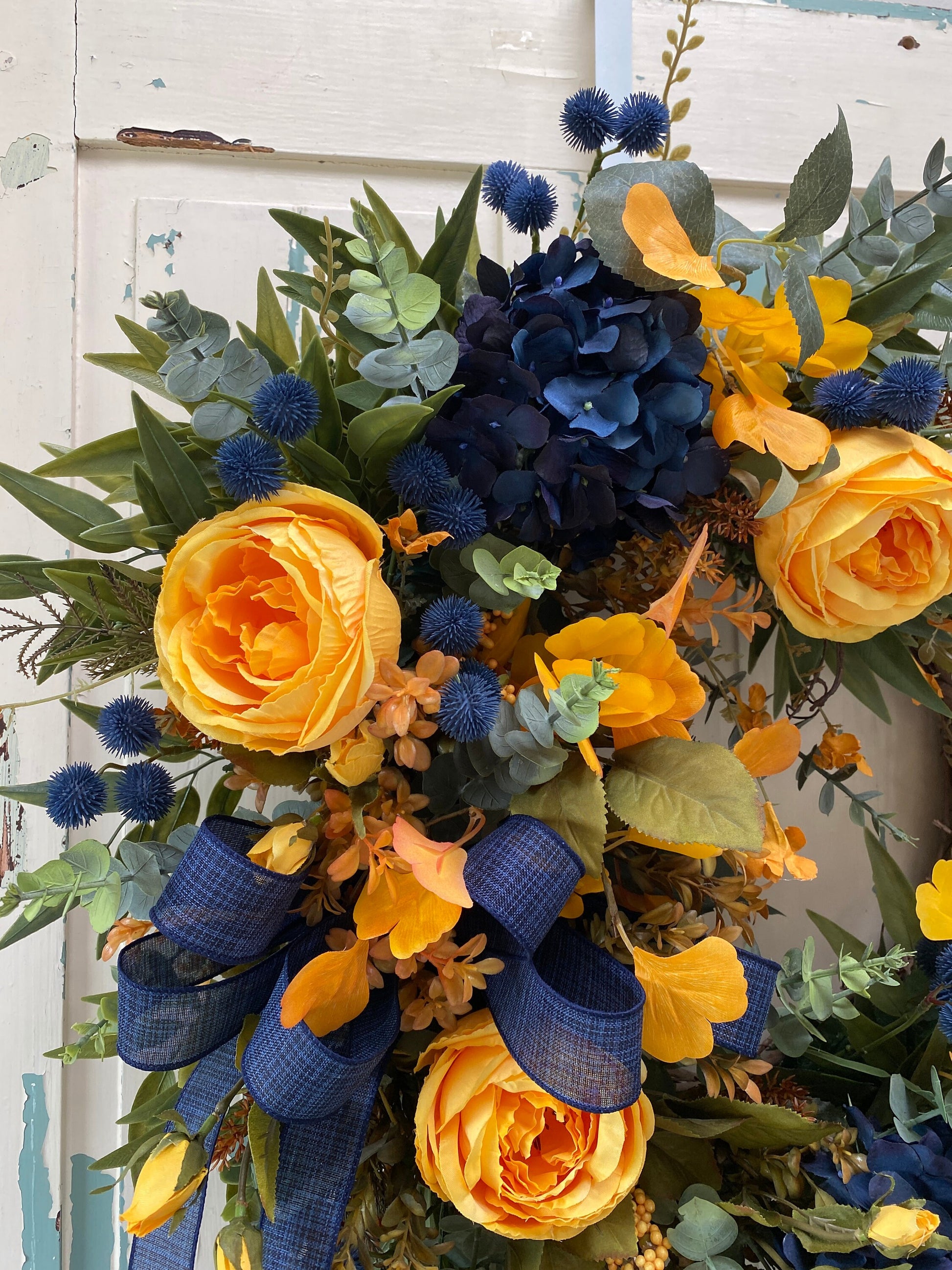 Fall Floral Wreath with Navy Blue and Golden Autumn Colors for Front Door, Navy Blue Hygrangea Wreath for Michigan Sports Lover