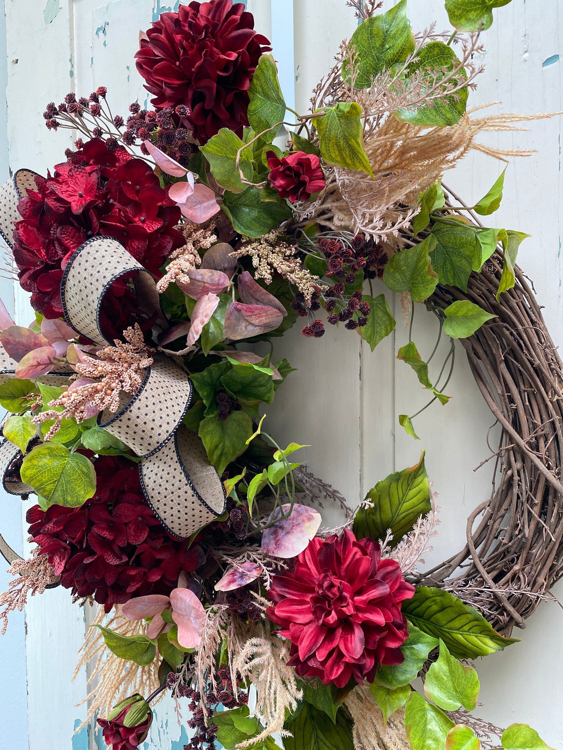 Burgundy Hydrangea and Dahlia Fall Wreath, Faux Floral Wreath for Front Door, Autumn Door Wreath, Thanksgiving Floral Grapevine Wreath