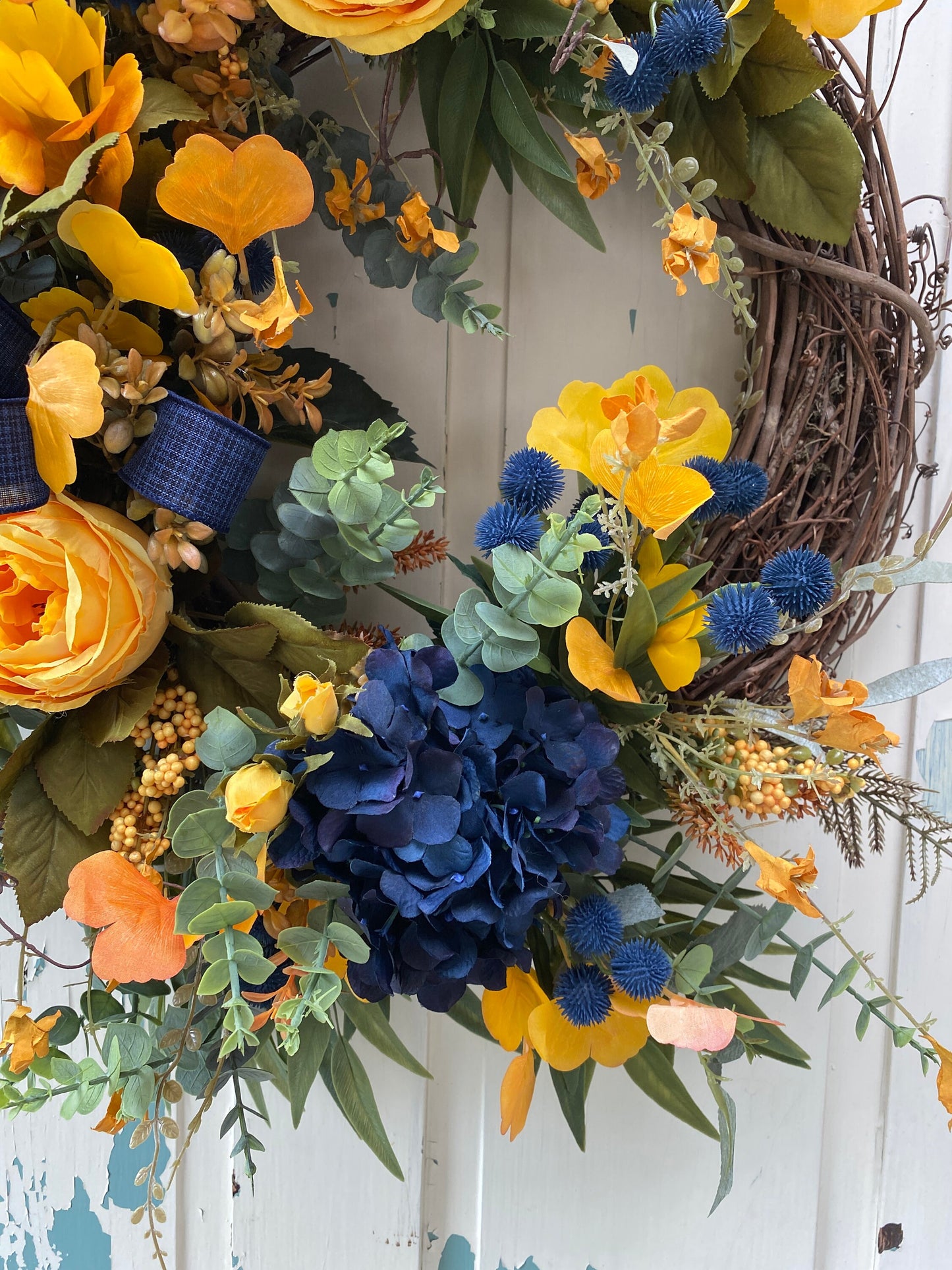 Fall Floral Wreath with Navy Blue and Golden Autumn Colors for Front Door, Navy Blue Hygrangea Wreath for Michigan Sports Lover