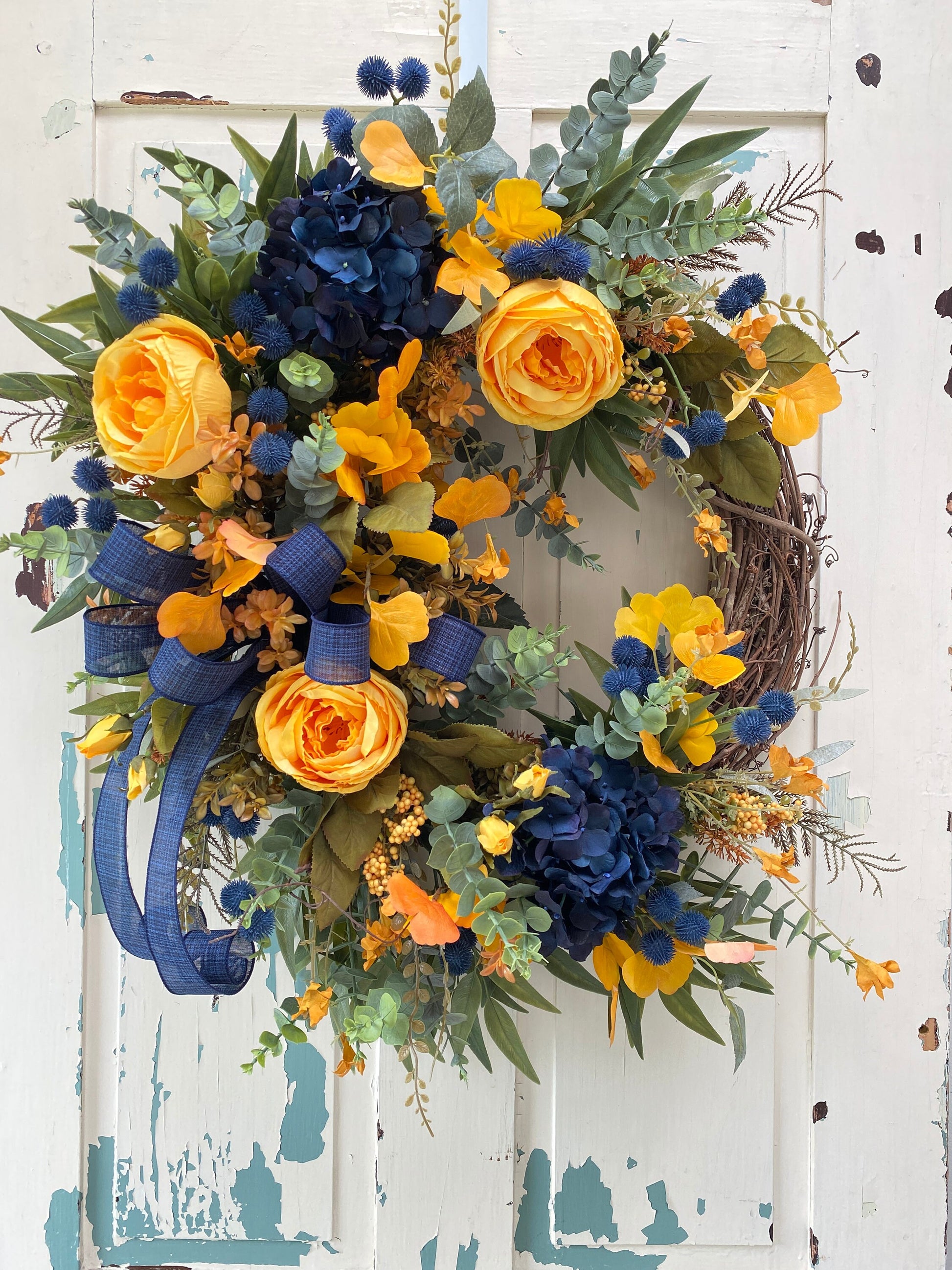 Fall Floral Wreath with Navy Blue and Golden Autumn Colors for Front Door, Navy Blue Hygrangea Wreath for Michigan Sports Lover
