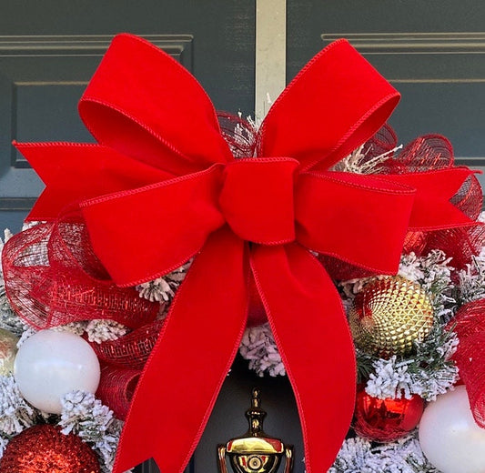 Red Velvet Christmas Bow, Red Velvet Outdoor Holiday Bow, Red Velvet Lantern Bow, Christmas Bow with Red Velvet Outdoor Ribbon, Wreath Bow