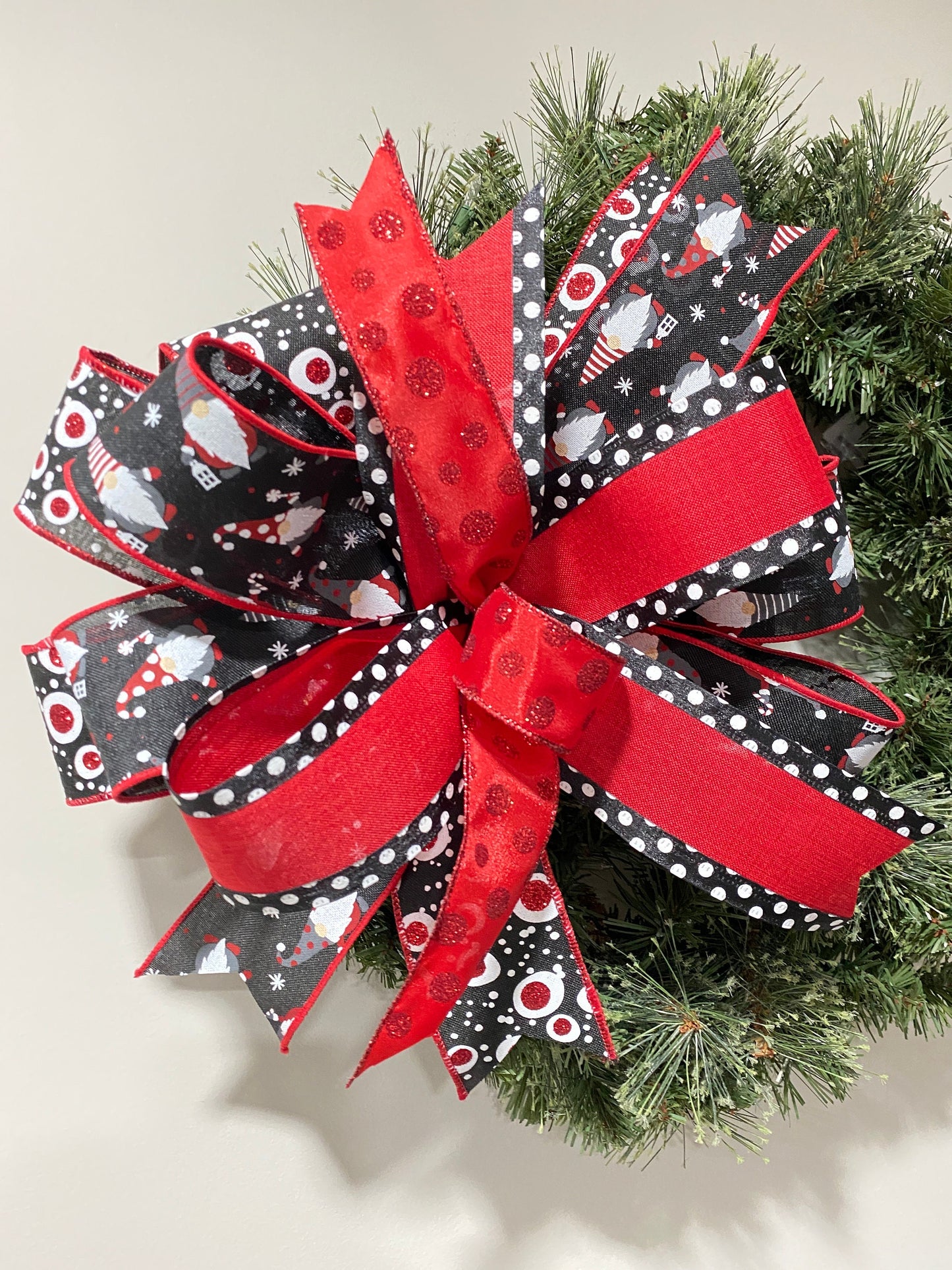 Whimsical Red Black Gnome Christmas Bow, Red Black Holiday Gift Bow, Xmas Lantern Bow, Christmas Wreath Bow