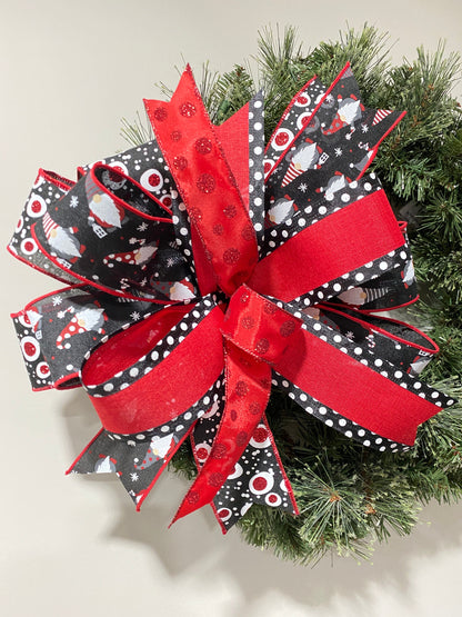 Whimsical Red Black Gnome Christmas Bow, Red Black Holiday Gift Bow, Xmas Lantern Bow, Christmas Wreath Bow