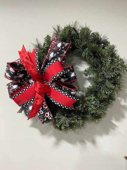 Whimsical Red Black Gnome Christmas Bow, Red Black Holiday Gift Bow, Xmas Lantern Bow, Christmas Wreath Bow
