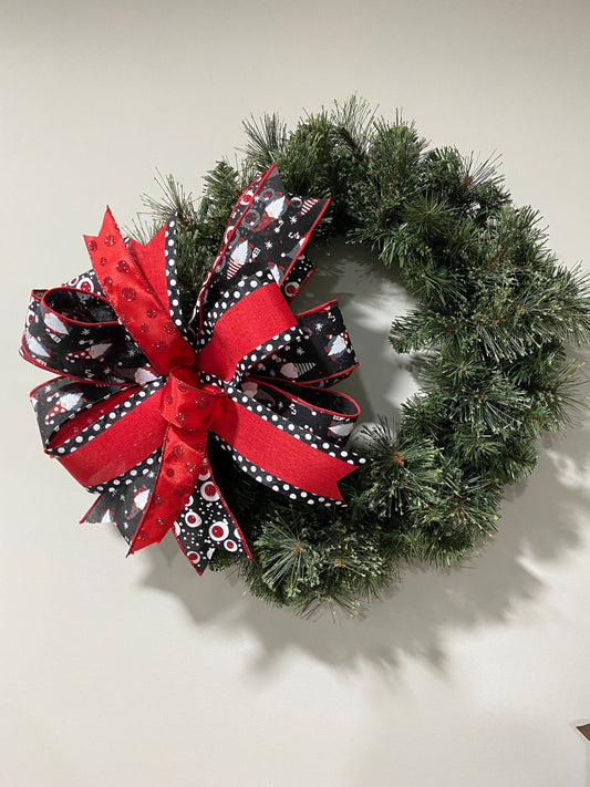 Whimsical Red Black Gnome Christmas Bow, Red Black Holiday Gift Bow, Xmas Lantern Bow, Christmas Wreath Bow