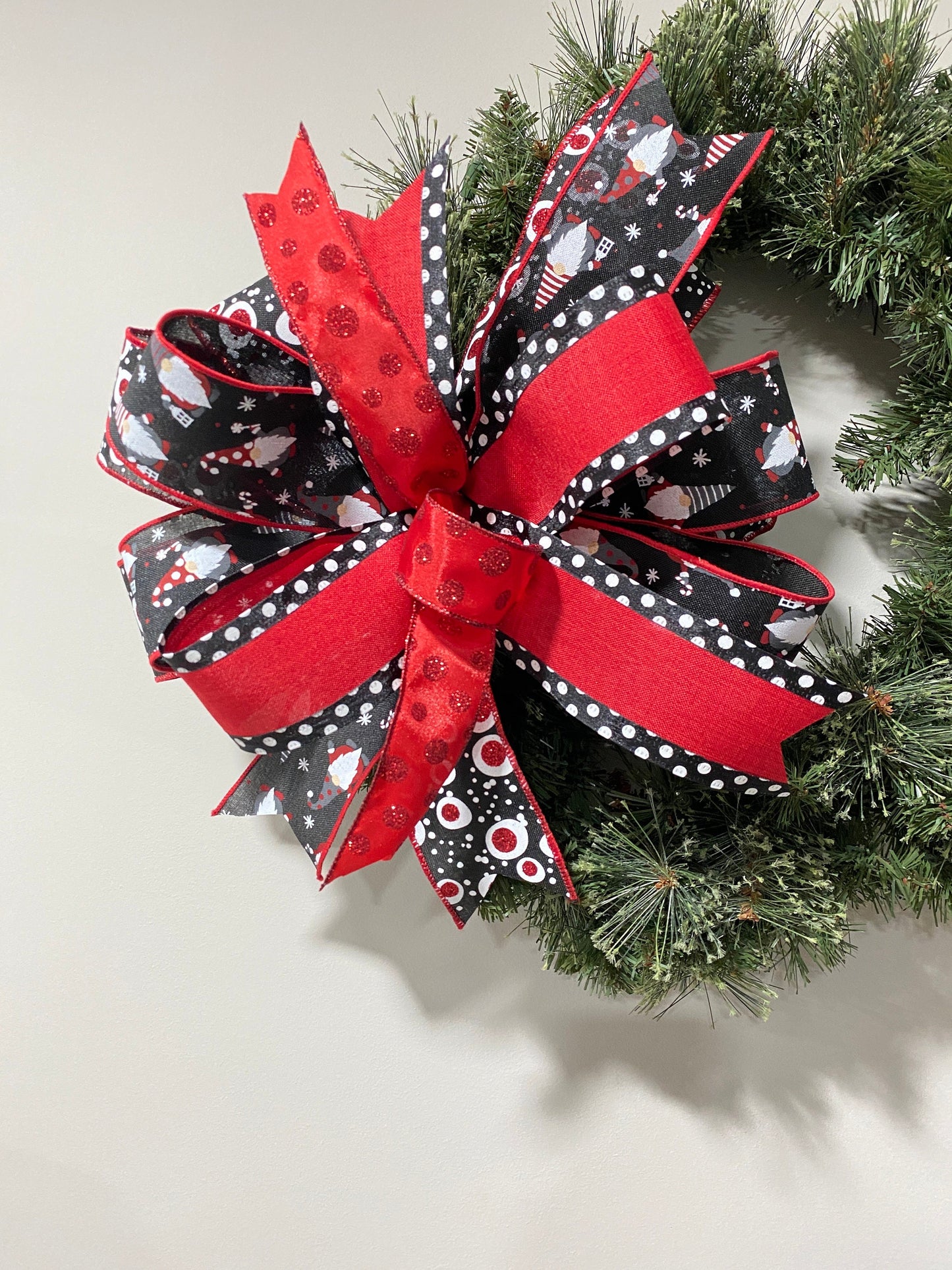 Whimsical Red Black Gnome Christmas Bow, Red Black Holiday Gift Bow, Xmas Lantern Bow, Christmas Wreath Bow