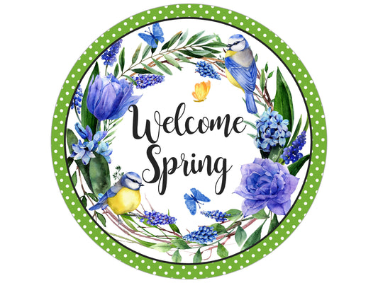 Blue Birds Floral Welcome Spring Wreath Sign, blue and green wreath attachment, Gift for bird and flower lover