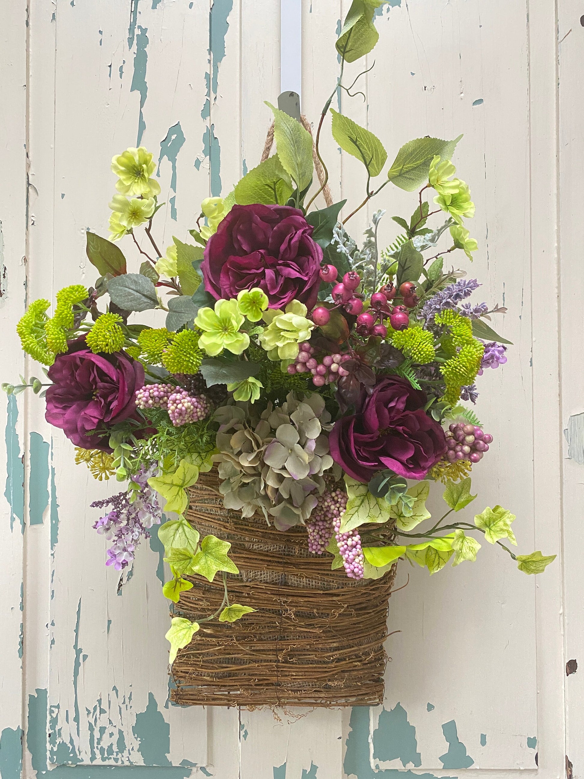Peony Door Hanger Basket Wreath, Summer Hanging Wildflower Flower Basket, Rustic Artificial Floral Decor, Rattan Basket Wall Arrangement
