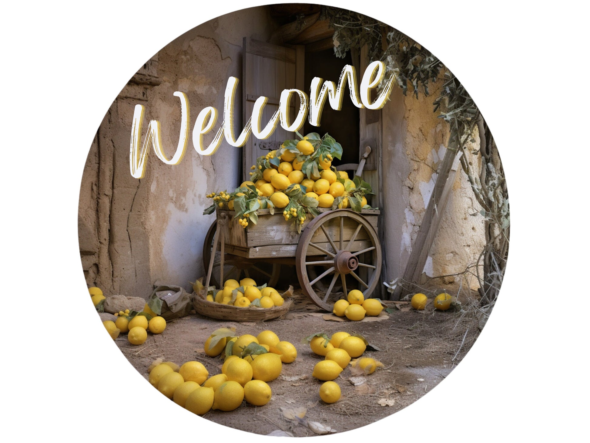 Rustic Lemon Farmers Market Welcome Wreath Sign, lemon wreath attachment, summer lemon fruit decor, lemons in a cart rustic decor