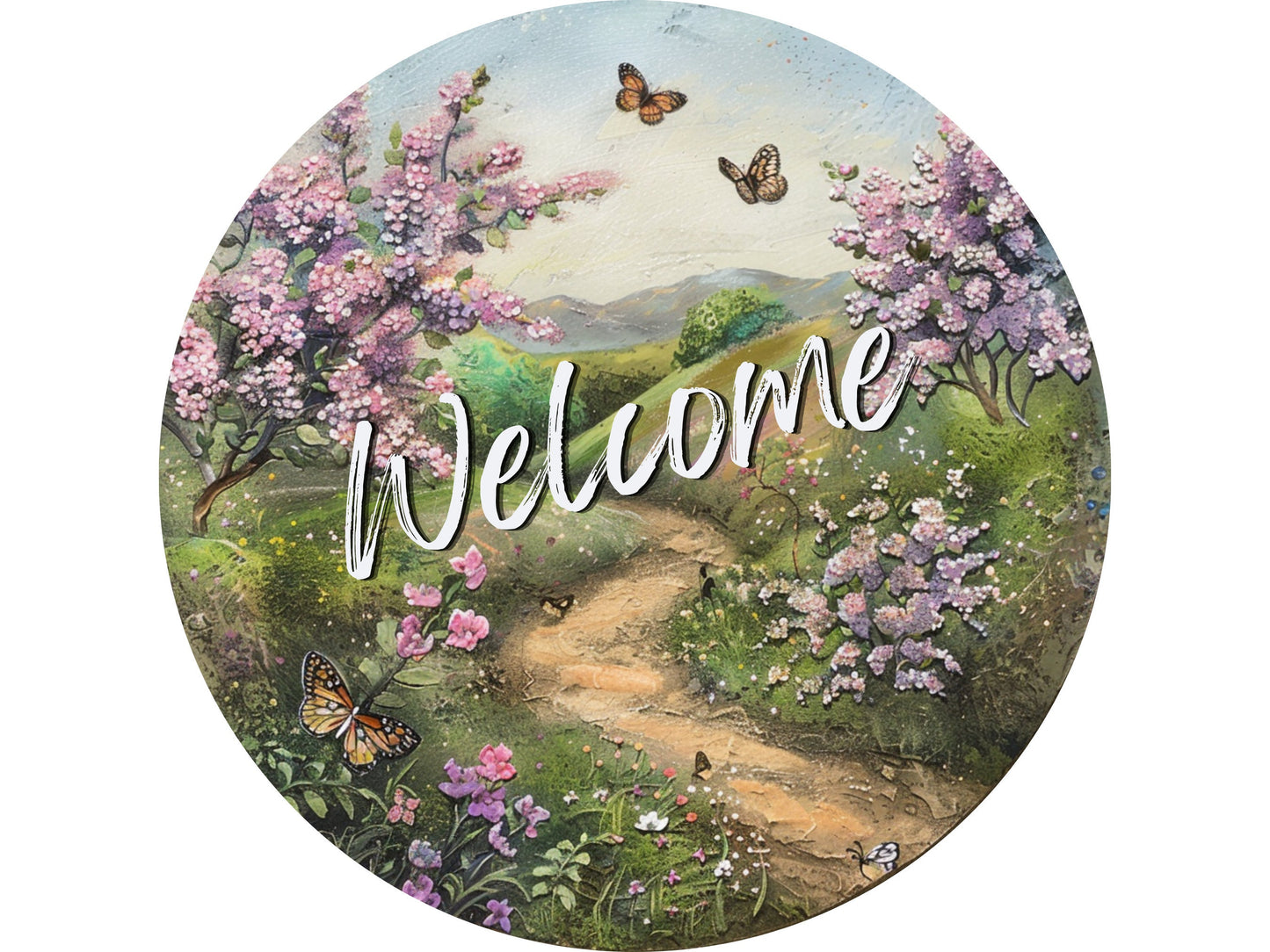 Welcome Lilac and Butterfly floral wreath sign, spring summer wreath attachment, Lilac spring flowers welcome metal sign, signs for wreaths