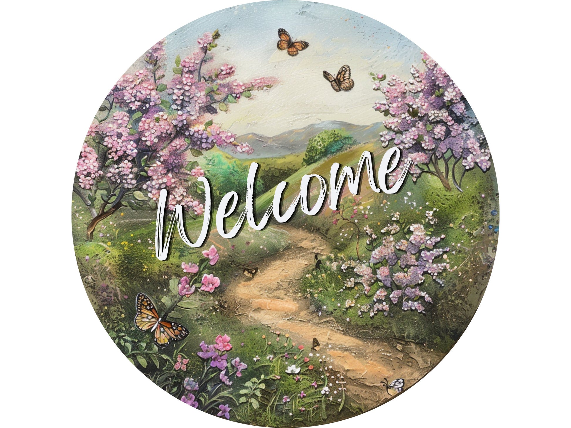 Welcome Lilac and Butterfly floral wreath sign, spring summer wreath attachment, Lilac spring flowers welcome metal sign, signs for wreaths