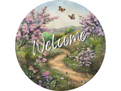 Welcome Lilac and Butterfly floral wreath sign, spring summer wreath attachment, Lilac spring flowers welcome metal sign, signs for wreaths