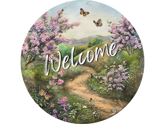 Welcome Lilac and Butterfly floral wreath sign, spring summer wreath attachment, Lilac spring flowers welcome metal sign, signs for wreaths