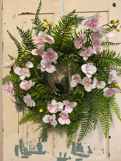 Year Round Orchid and Fern wreath, white and pink phalaenopsis large wreath, orchid wall hanging, Elegant orchid decoration