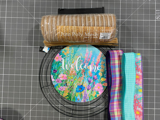 Summer Wildflower Floral welcome wreath kit, Bright colors mesh diy wreath kit, make your own wreath, craft supplies for wreath