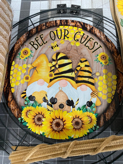 Gnome Bee Sunflower welcome wreath kit, deco mesh DIY wreath kit, sign & ribbon kit, make your own wreath, Bee lover craft supplies