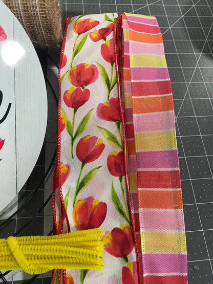 Spring Tulip Welcome Wreath Kit, mesh diy wreath kit, Pink Yellow tulips sign & ribbon kit, make your own wreath, craft supplies for wreath