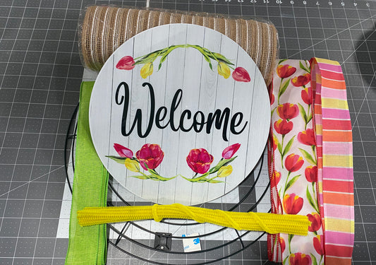 Spring Tulip Welcome Wreath Kit, mesh diy wreath kit, Pink Yellow tulips sign & ribbon kit, make your own wreath, craft supplies for wreath