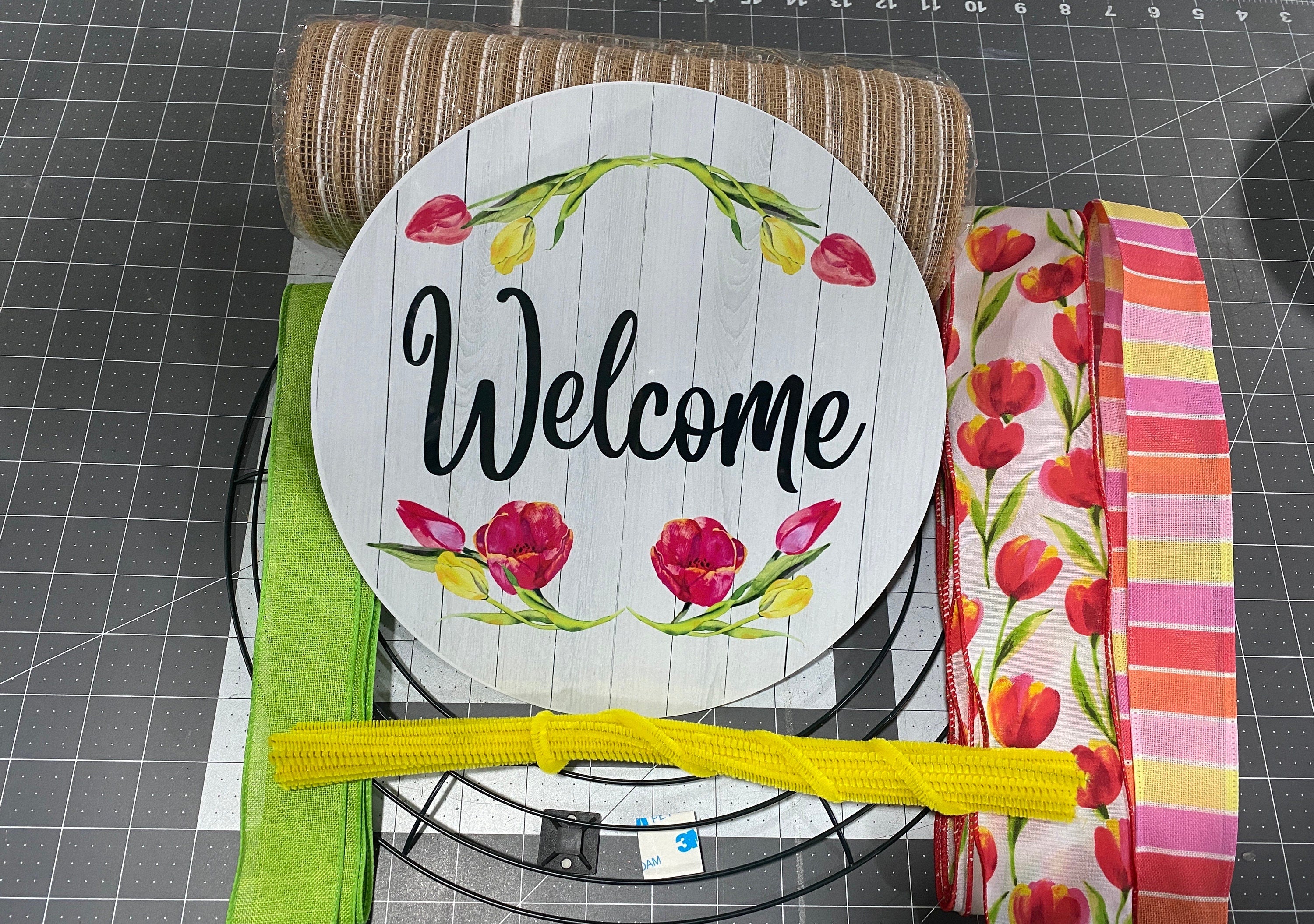 Spring Tulip Welcome Wreath Kit, mesh diy wreath kit, Pink Yellow tuli ...