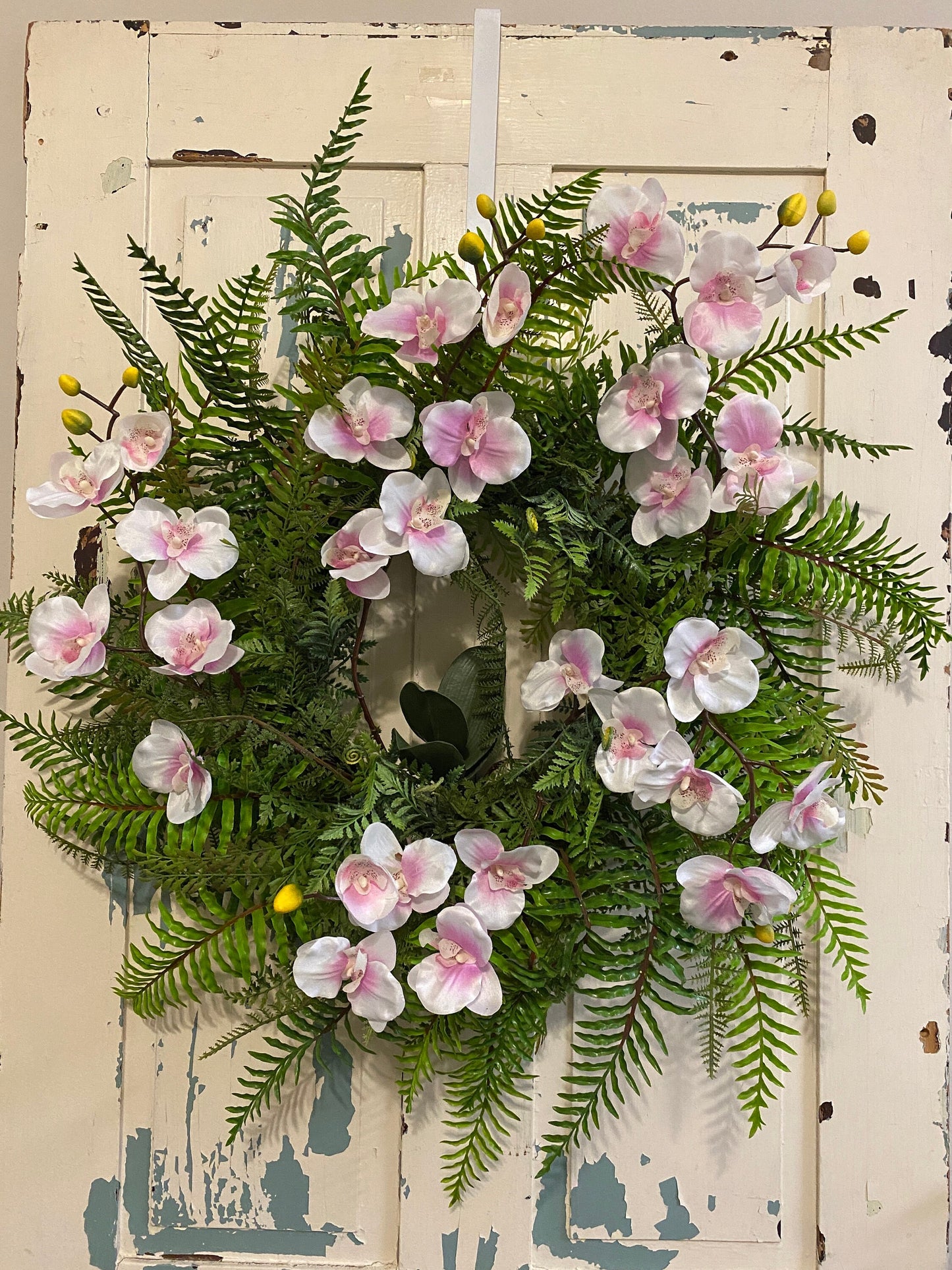 Year Round Orchid and Fern wreath, white and pink phalaenopsis large wreath, orchid wall hanging, Elegant orchid decoration