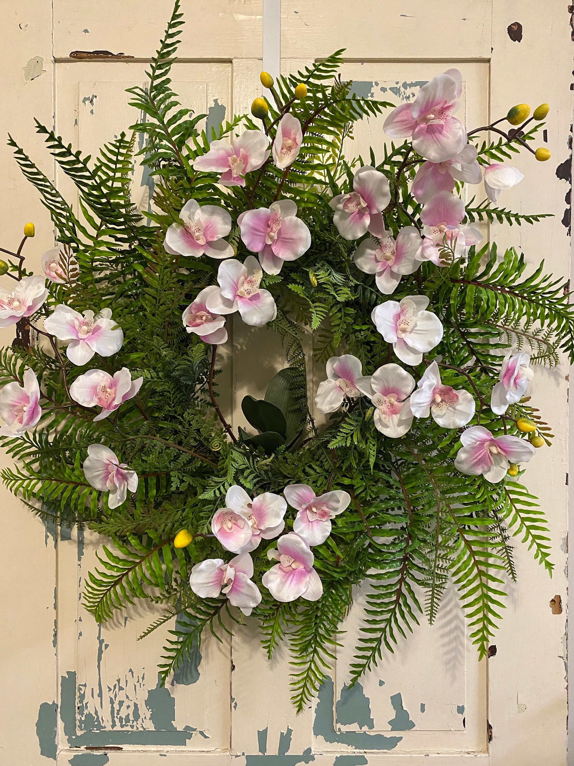 Year Round Orchid and Fern wreath, white and pink phalaenopsis large wreath, orchid wall hanging, Elegant orchid decoration