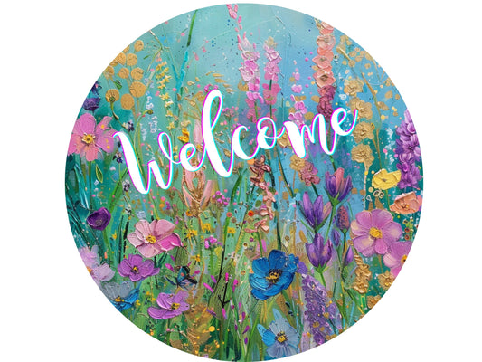 a metal sign with acrylic summer field of wildflowers on a aqua blue background