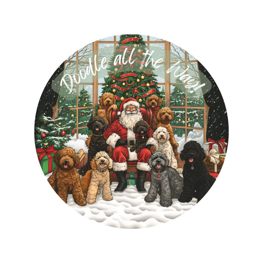 Goldendoodles with Santa Christmas Wreath Sign, Round Metal Doodle Sign, Dog Swag Wreath Attachment, Golden Doodle Lover Sign, SWS71024-3