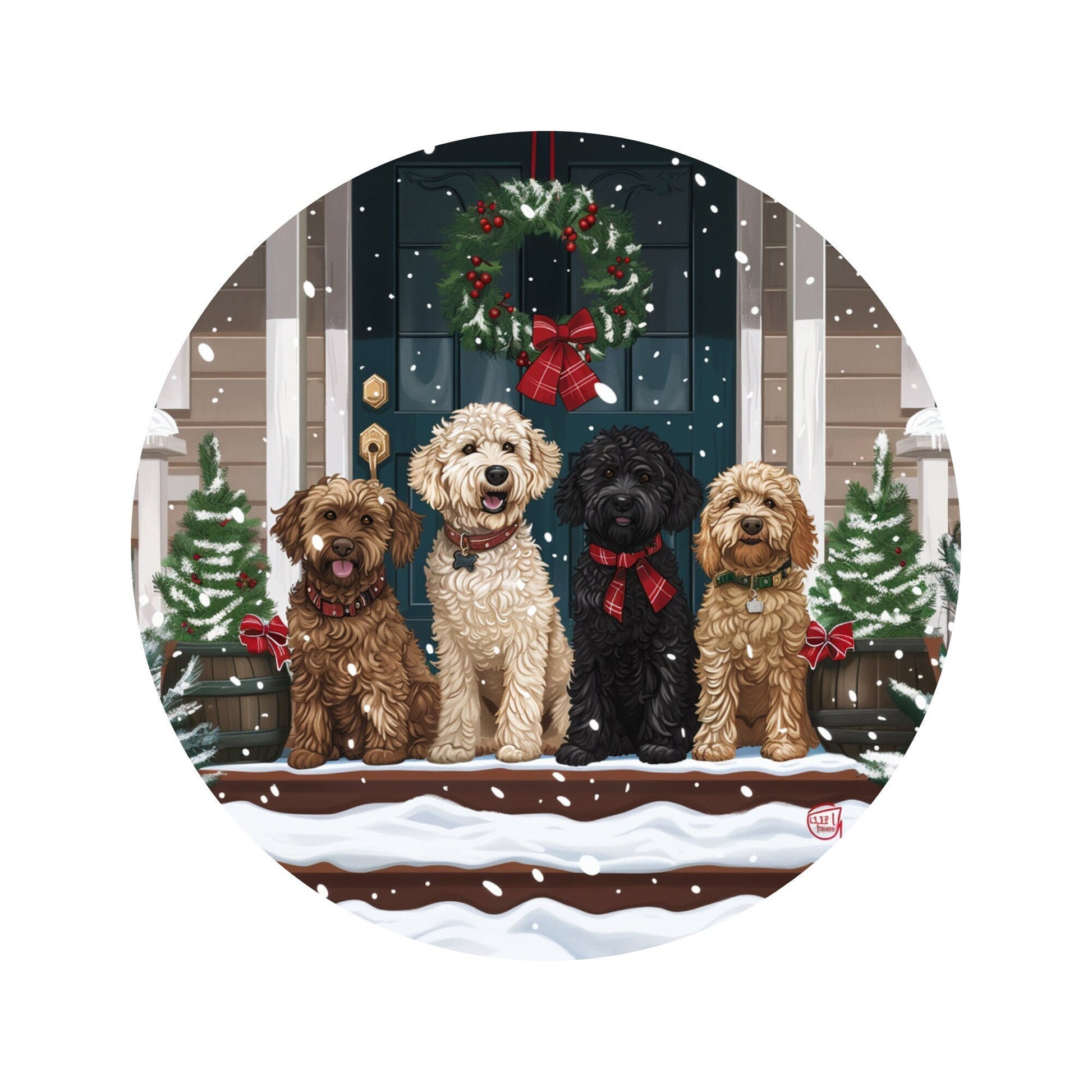Goldendoodle Christmas Winter Wreath Sign, Round Metal Doodle Sign, Winter Wreath Attachment, Golden Doodle Lover Sign, SWS62824-3