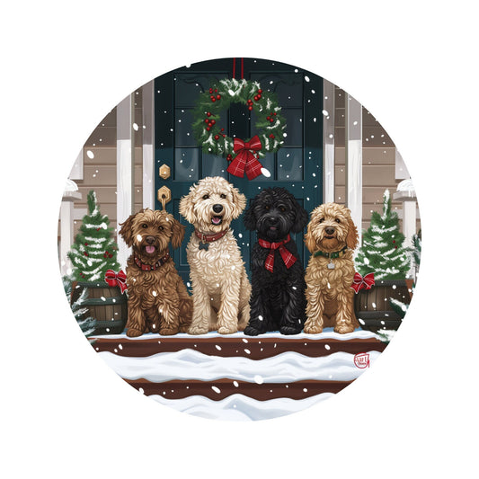 Goldendoodle Christmas Winter Wreath Sign, Round Metal Doodle Sign, Winter Wreath Attachment, Golden Doodle Lover Sign, SWS62824-3