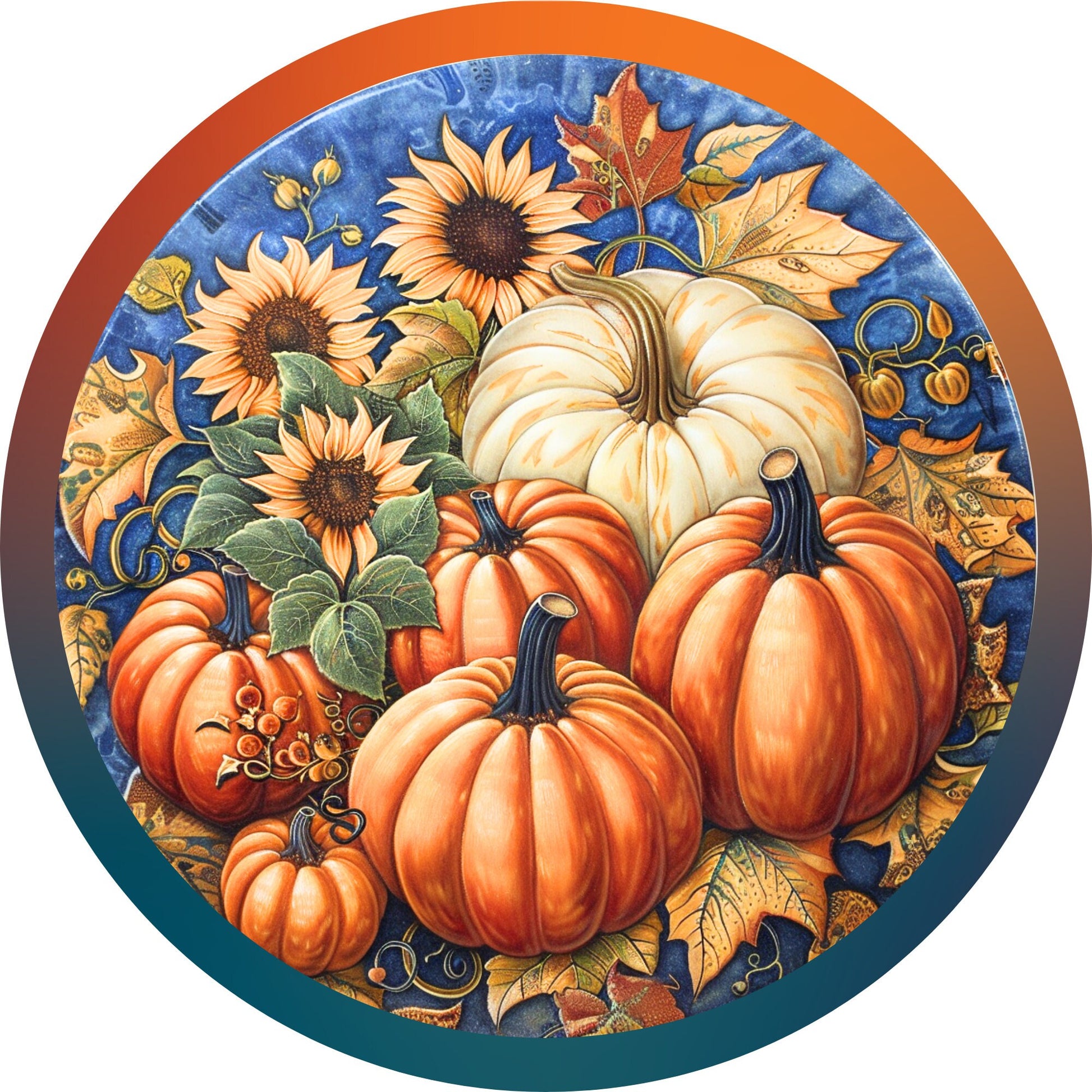 Fall Pumpkin Sign for Wreath, Blue and Orange Round Metal Wreath Sign, Autumn Harvest Sunflower Sign SWS72224-1
