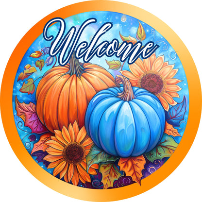 Vivid Welcome Fall Pumpkin Sign for Wreath, Vibrant Blue and Orange Round Metal Wreath Sign, Autumn Harvest Sunflower Sign SWS72224-4
