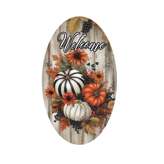 Oval Fall Pumpkin Sign for Wreath, black and White Striped Pumpkin Metal Wreath Sign, Autumn Harvest Pumpkin Sign SWS72624-4